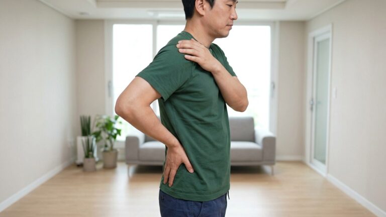 거실에 옆으로 서서 한 팔은 허리 뒤쪽에 두고 다른 손으로 어깨를 짚은 남성