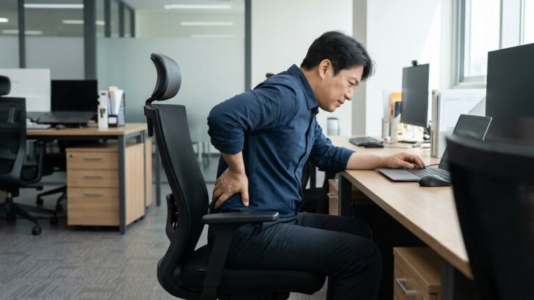 사무실 의자에 앉아 한 손으로 허리 아래를 짚고 다른 손으로 노트북을 쓰는 남성의 옆모습