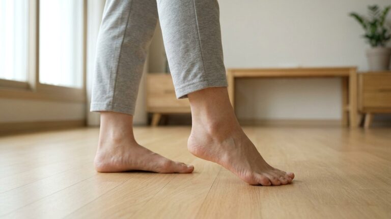 실내 원목 마루에서 한 발은 발끝으로 딛고 다른 발은 바닥에 평평하게 놓은 맨발의 무릎 아래 모습