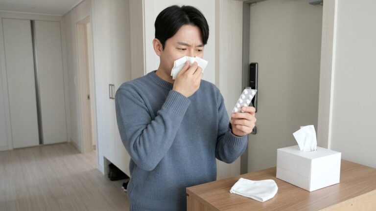 현관 앞에서 한 손으로 휴지를 코에 대고 다른 손에 알약 포장을 든 남성, 옆 협탁에 휴지 상자와 마스크