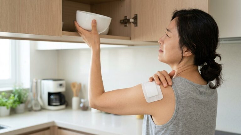 주방에서 파스를 붙인 어깨 쪽 팔을 올려 수납장에 그릇을 넣으며 반대 손으로 어깨를 짚은 여성의 옆모습